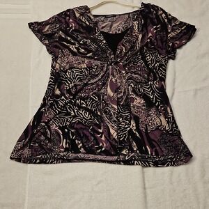 Perception Women Purple Black Paisley Animal Print Jersey‎ V-Neck Blouse